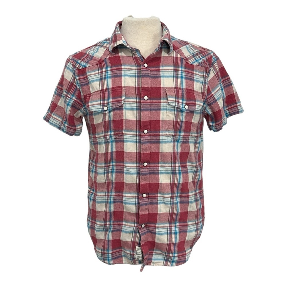 Lucky Brand Men's Medium Red Plaid Western Pearl Snap Shirt Short Sleeve Stretch